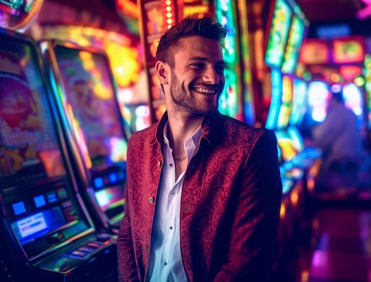 Live casino game show host presenting wheel of fortune with multiplier segments